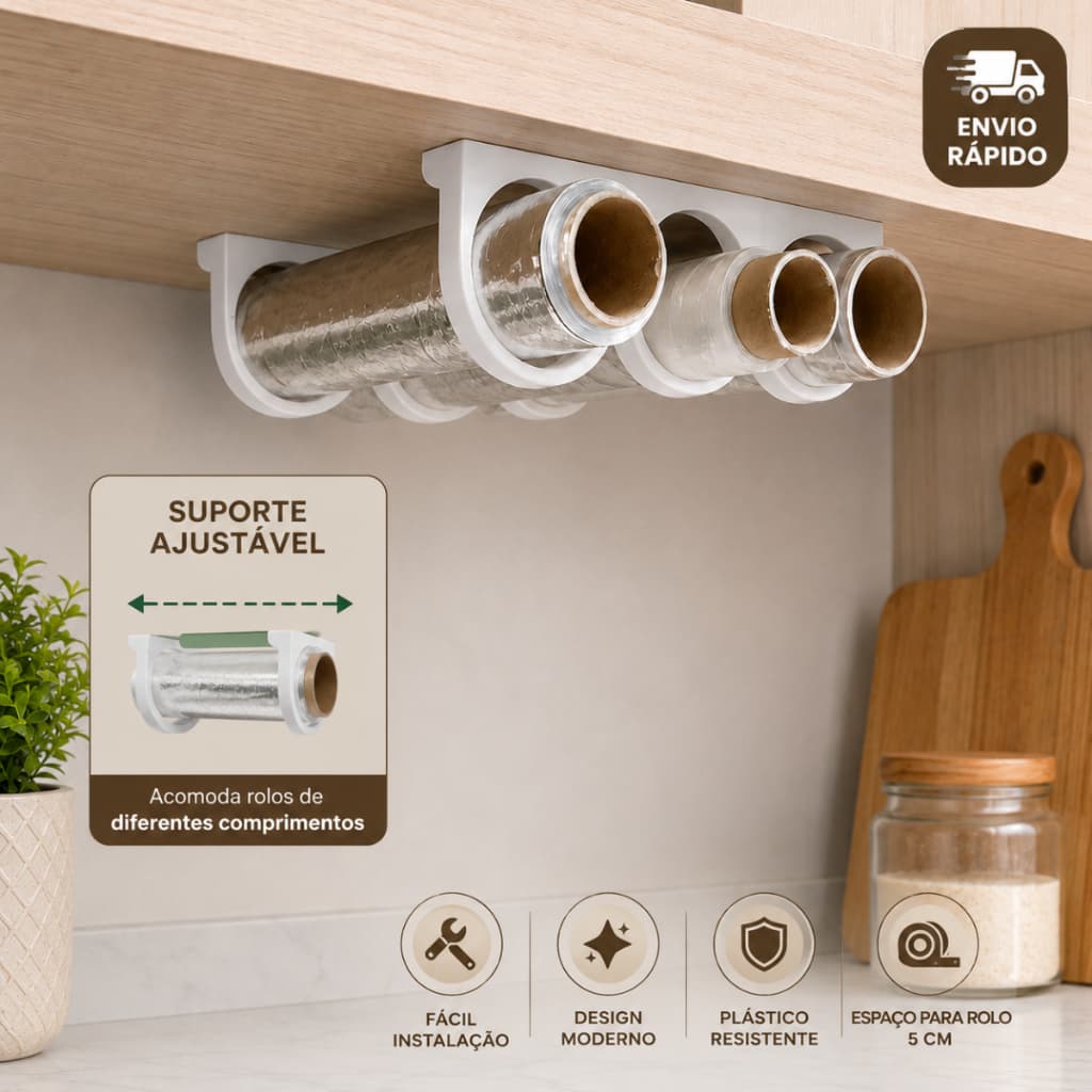 Suporte Organizador de Rolos Ajustável Porta Papel Alumínio Filme PVC Cozinha Sem Furo Armário 3 Rolos