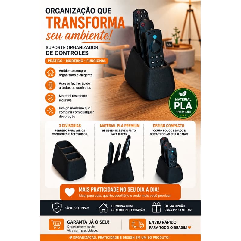 Organizador de Controles Remotos 3 Divisórias | PLA Premium | Moderno e Funcional