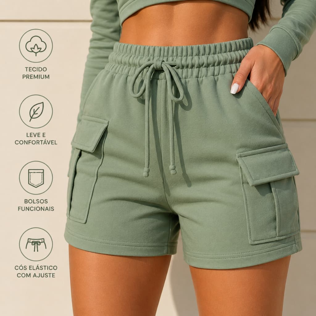 Short Feminino Casual Cargo de Moletinho Cintura Alta Macio Confortável Moda 2026 - Envio Imediato !!!