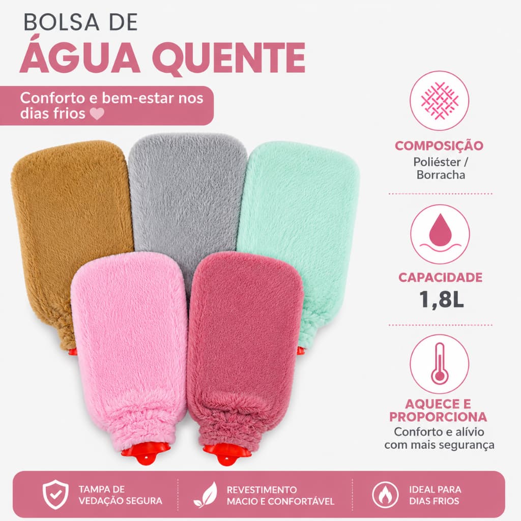Bolsa de Água Quente 1,8L Revestida Pelúcida Térmica Peludinha Cólica Dor Abdominal Compressa Inverno