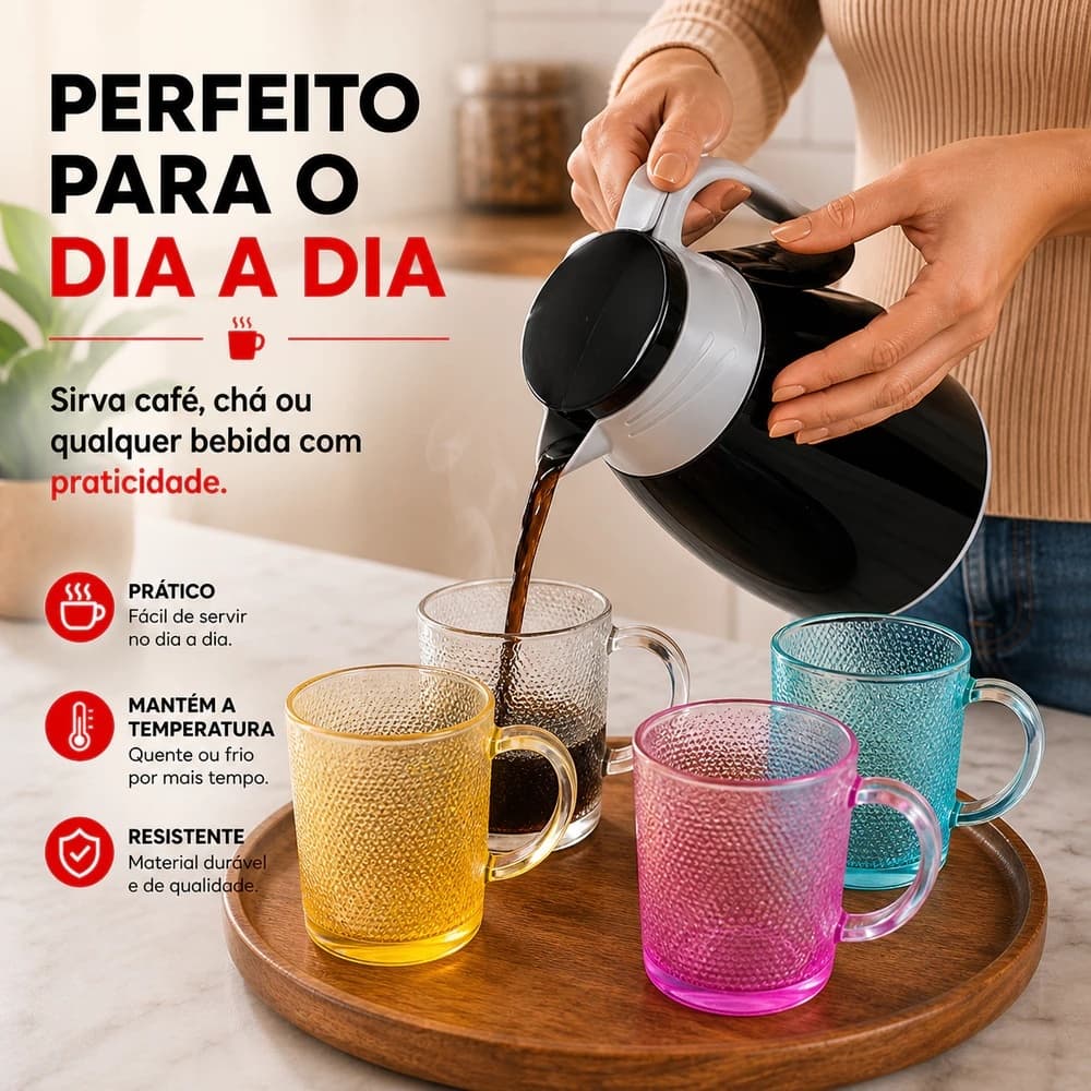 conjunto garrafa térmica preta 1 L + 4 canecas vidro 190 ml coloridas azul ambar rosa transparente