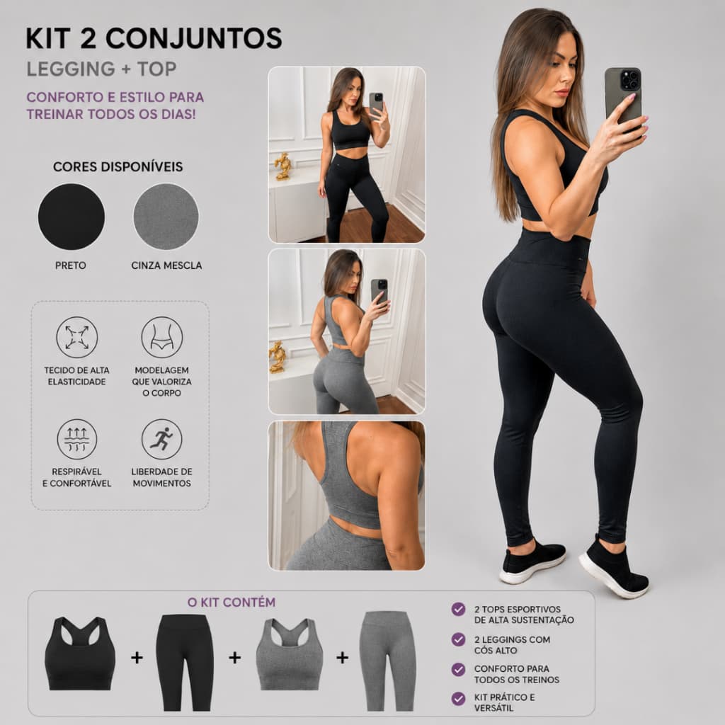 Kit 4 Peças Conjunto Femenino 2 calça feminina + 2 cropped feminino Legging Suplex Alta Compressão