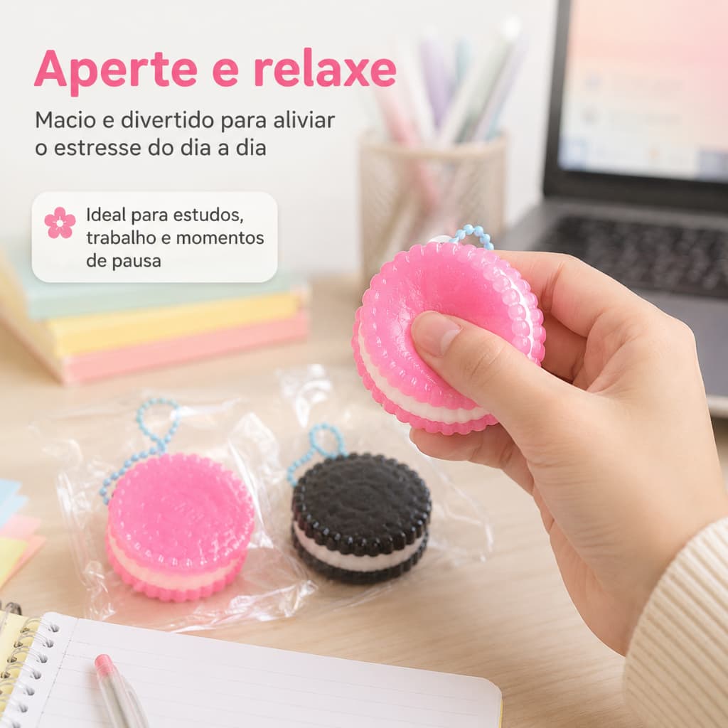 Mini Squishy de Biscoito Brinquedo Antiestresse Fofo para Apertar Rosa ou Preto