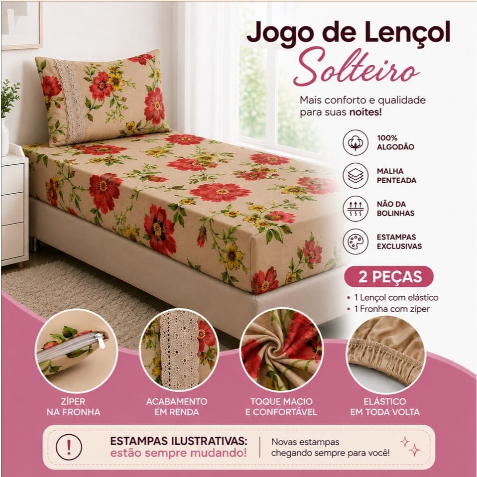 Jogo de Lençol Solteiro Estampado de Malha 2 peças ( Fronha com zíper e Lencol de baixo com elástico )