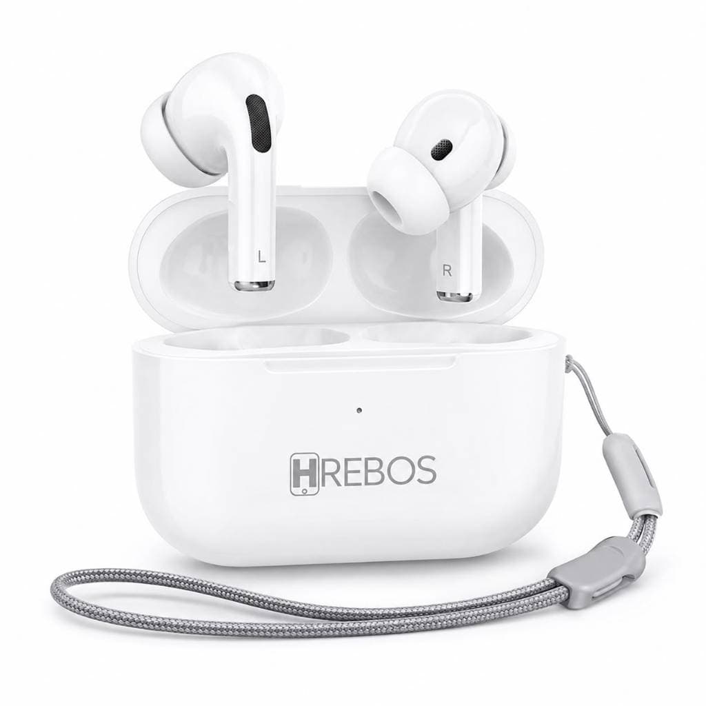 Fone Bluetooth Sem Fio Hrebos EB-009 Homologado Anatel Compatível iPhone Android Com Estojo Carregador USB-C