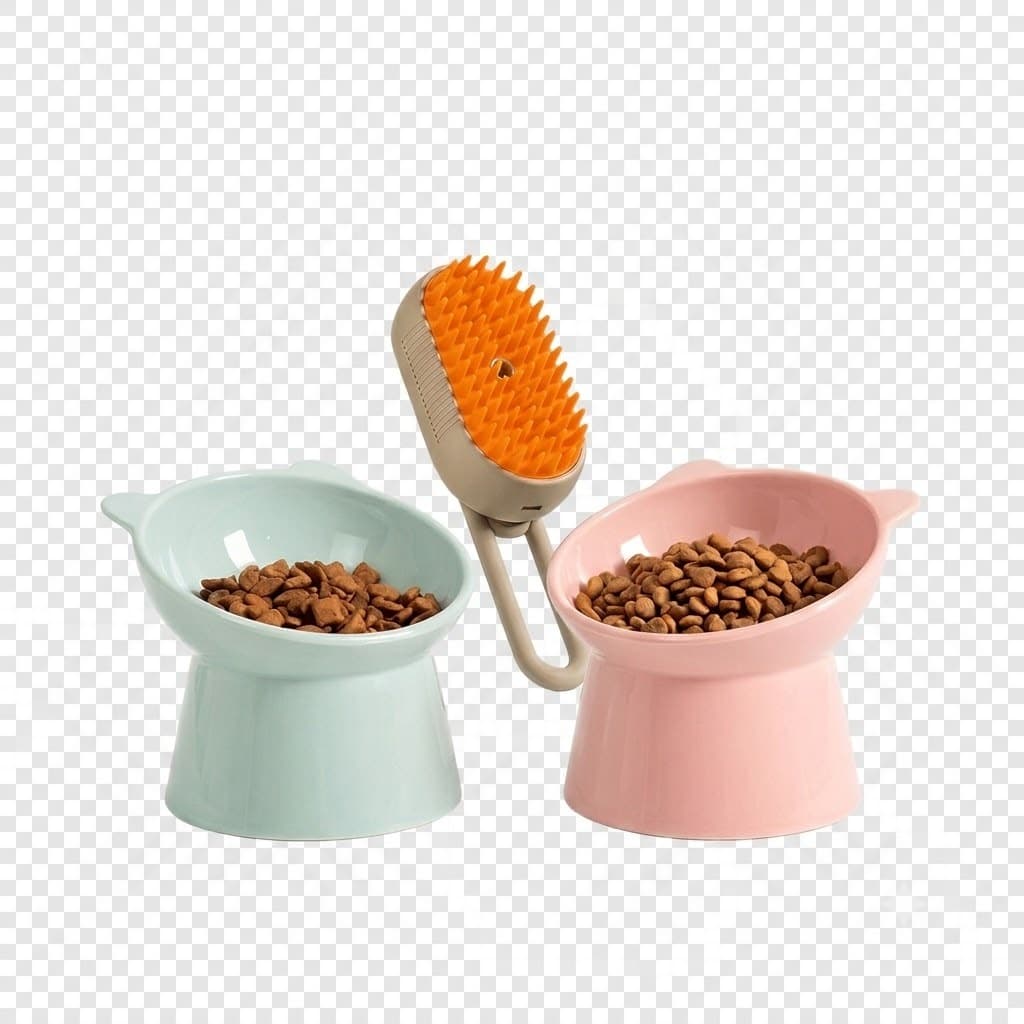 Kit 2 Comedouros Alto + Escova Vapor para Cães e Gatos