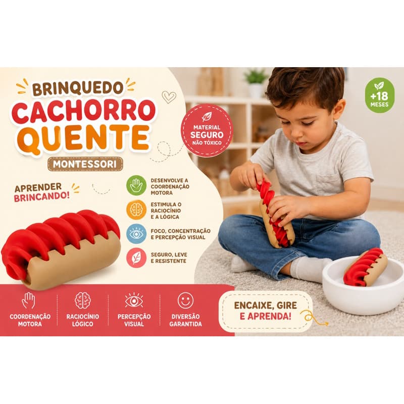 Brinquedo Sensorial Hot Dog Comida Infantil de Encaixe Espiral Montessori | Coordenação Motora | Com ou Sem Bowl