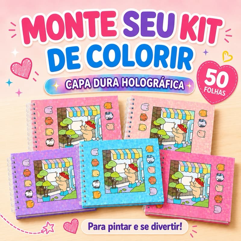 Mega Kit Caderno de Colorir Infantil Capa Dura Holográfica com Folha de Acetato Protetora Removível