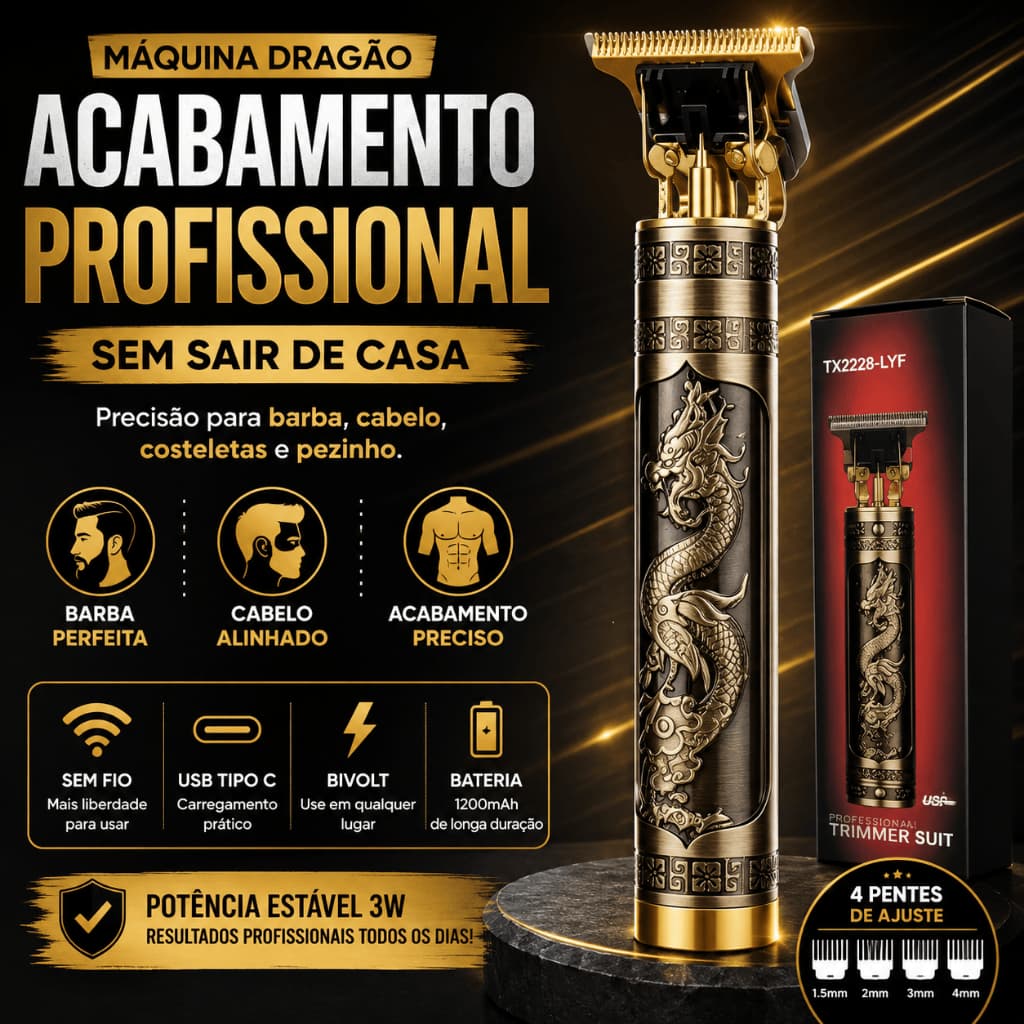 Máquina de Cortar Cabelo Dragão Sem Fio Recarregável USB Bivolt Aparador Barba Acabamento com 4 Pentes