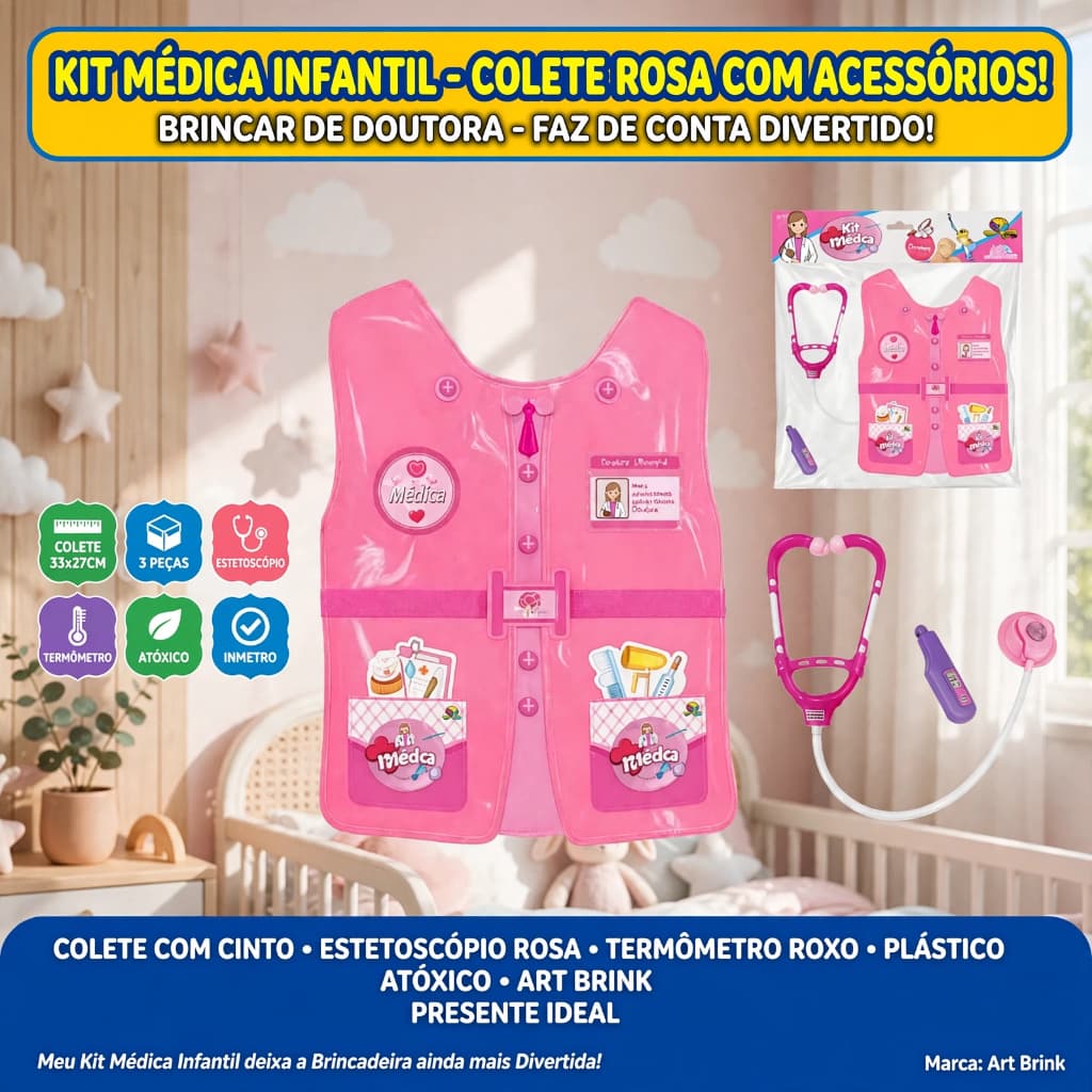Kit Médica Infantil com Colete Estetoscópio e Termômetro Art Brink