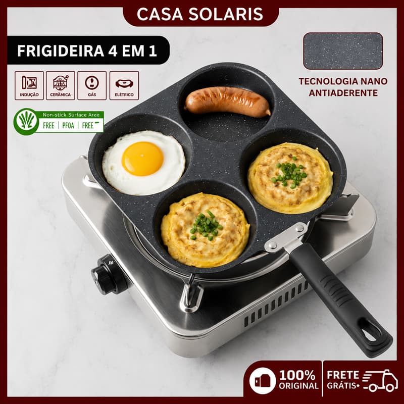 Frigideira Multifuncional Antiaderente 3 ou 4 Furos para Ovos Panqueca Omelete e Hambúrguer
