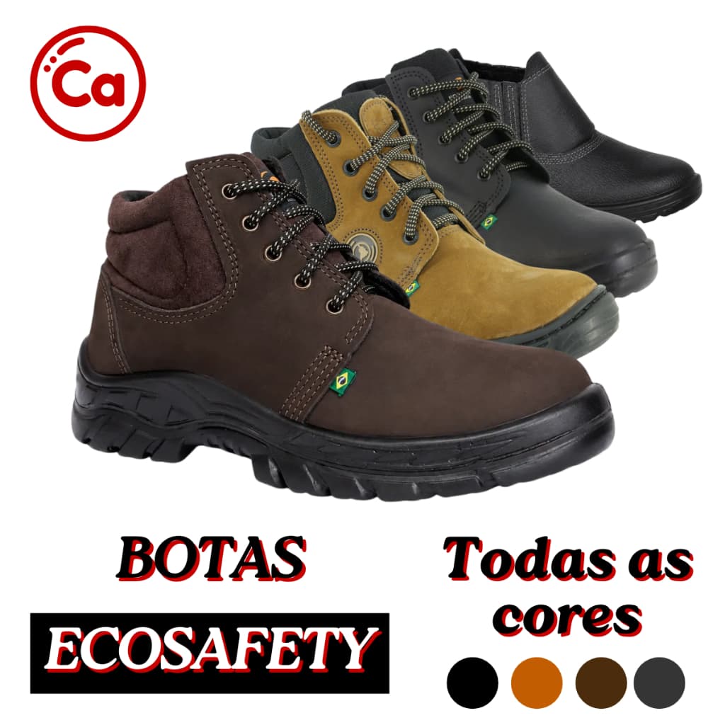 Bota de Segurança Ecosafety Couro Nobuck Legitimo Unisex Masculino Coturno CA Construção Obra