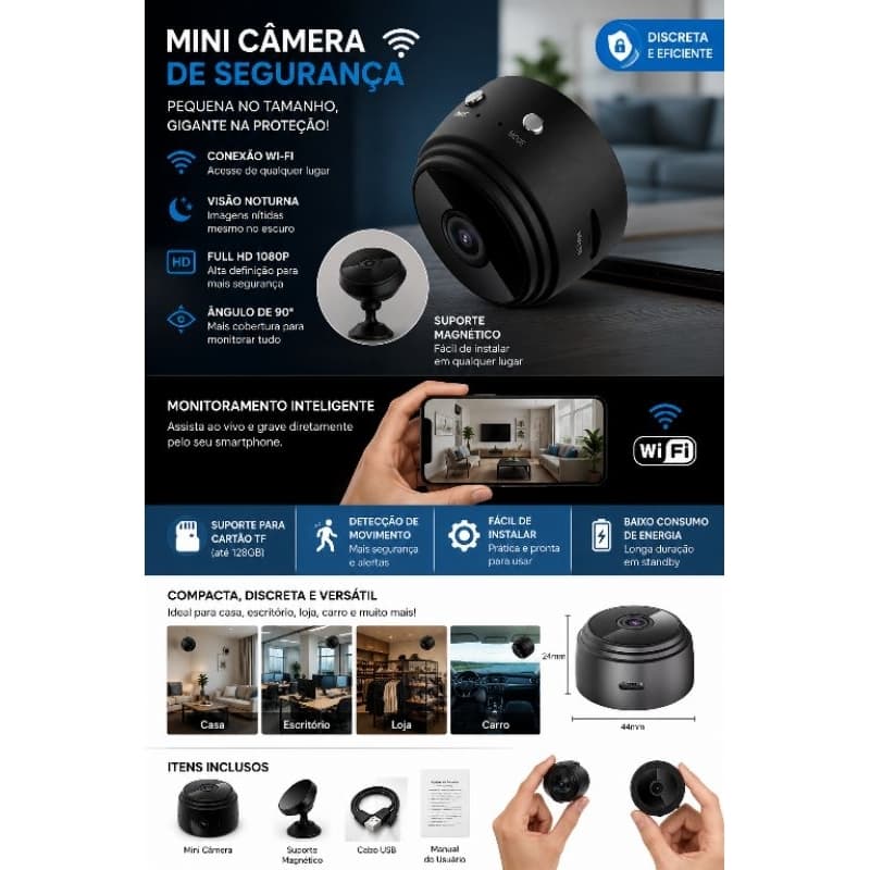 Mini Câmera de Segurança Fixa Espiã com Visão Noturna para Vigilância Wi-Fi FullHD 90°