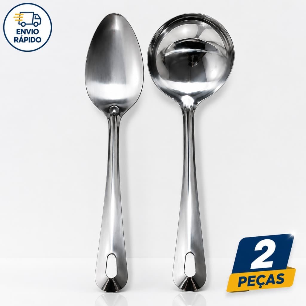 Kit Concha + Colher De Arroz Em Aço Inox 2 Peças Utensílios De Cozinha Resistente