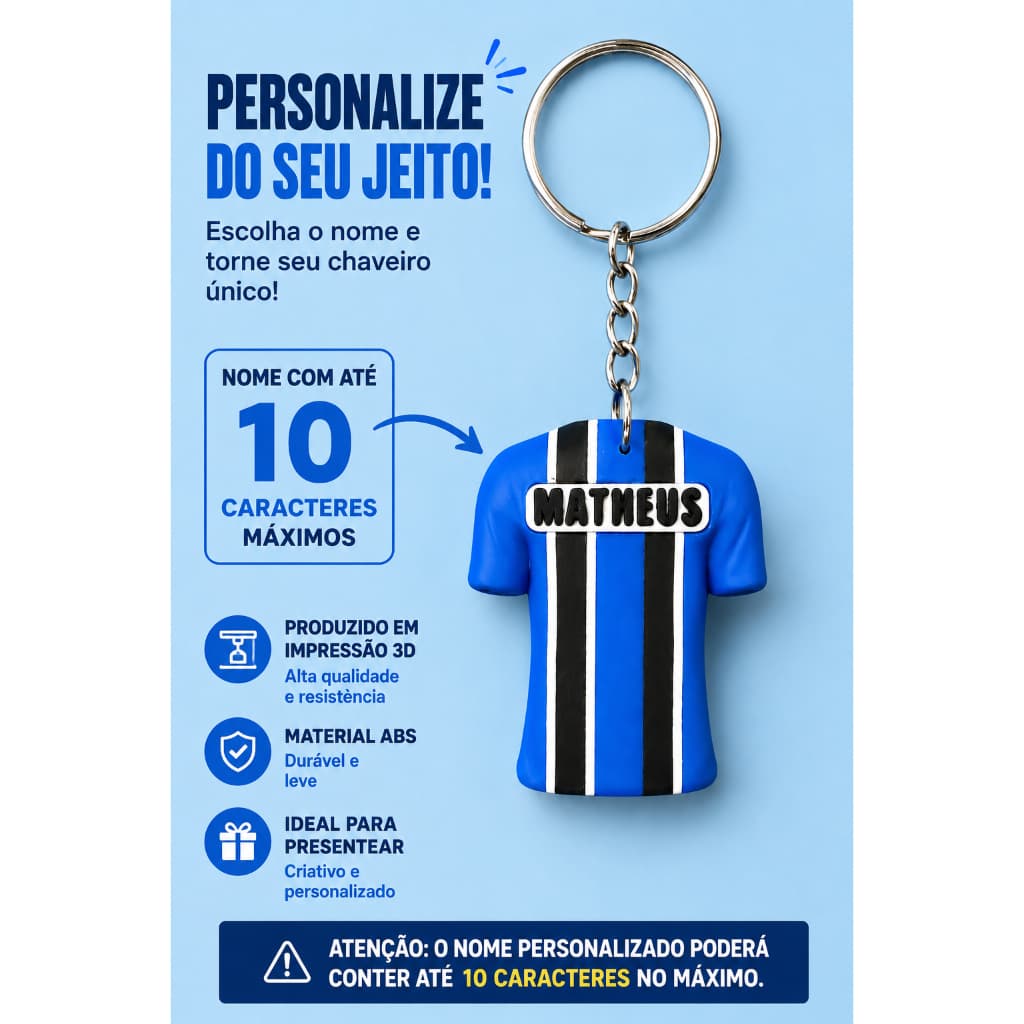 Chaveiro Camiseta Personalizado com Nome | Impressão 3D em ABS | Presente Criativo para Torcedor | Estilo Time