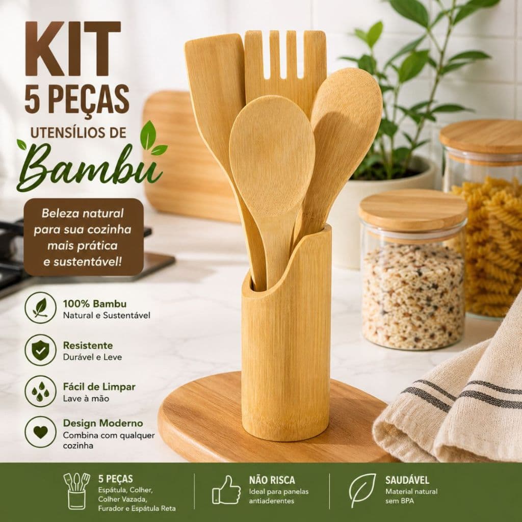 Conjunto 5 Utensílios de Madeira Bambu para Cozinha Colher Espátula Concha Espumadeira Pegador Kit Culinário Resistente