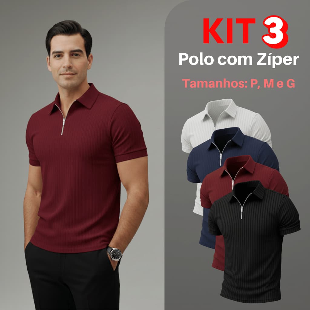 Kit 3 Camiseta Polo Com Ziper Manga Curta Masculina Camisa Básica Malha Canelada
