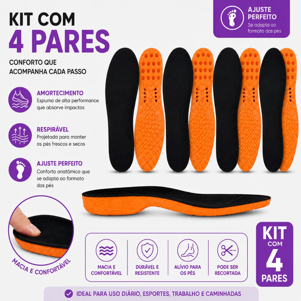 Kit Com 4 Pares Palmilhas Em Gel PU Ortopédica Super Confortável Premium