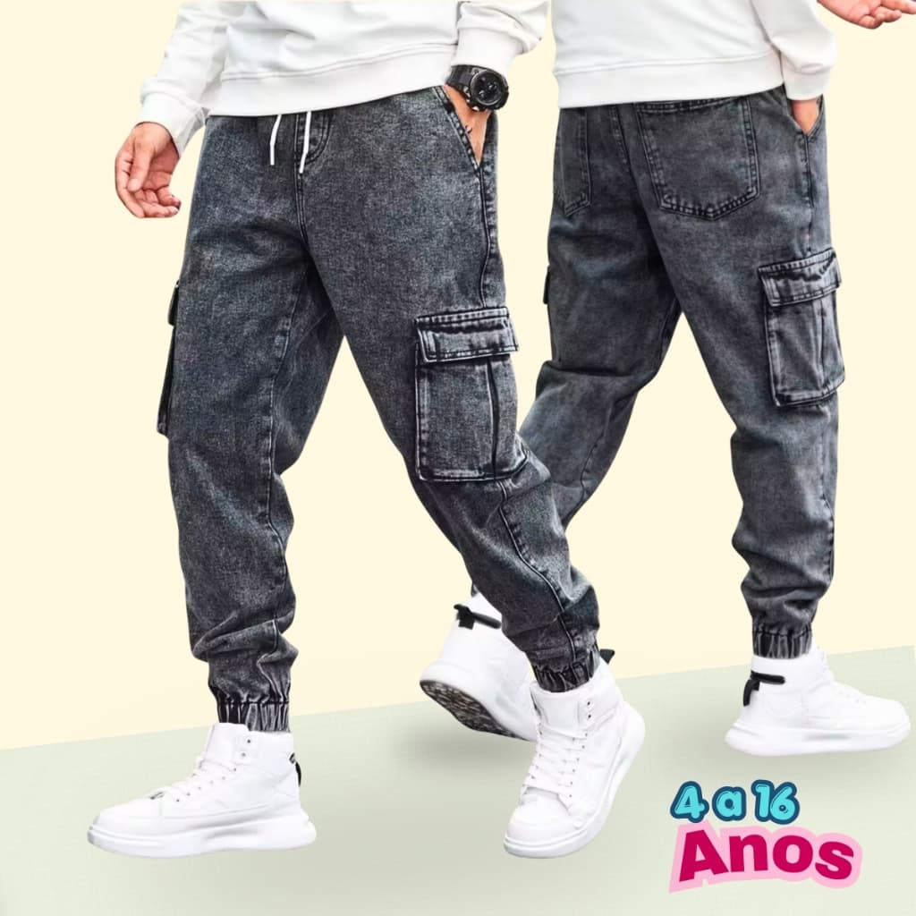 Calça Jeans Cargo grafite Masculina Infantil e Juvenil Estilosa Bolsos Laterais Para Meninos Calça