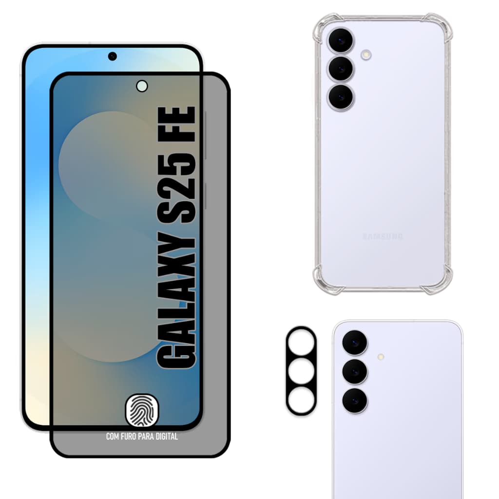 Kit Para Galaxy S25 Fe | Película Privacidade 3D - Capa Anti Shock - Película Para Câmera