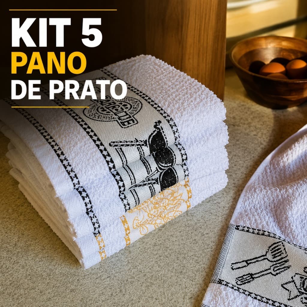 Kit 5 Peças de Pano De Prato Gourmet Atoalhado Branco Detalhe Barrado