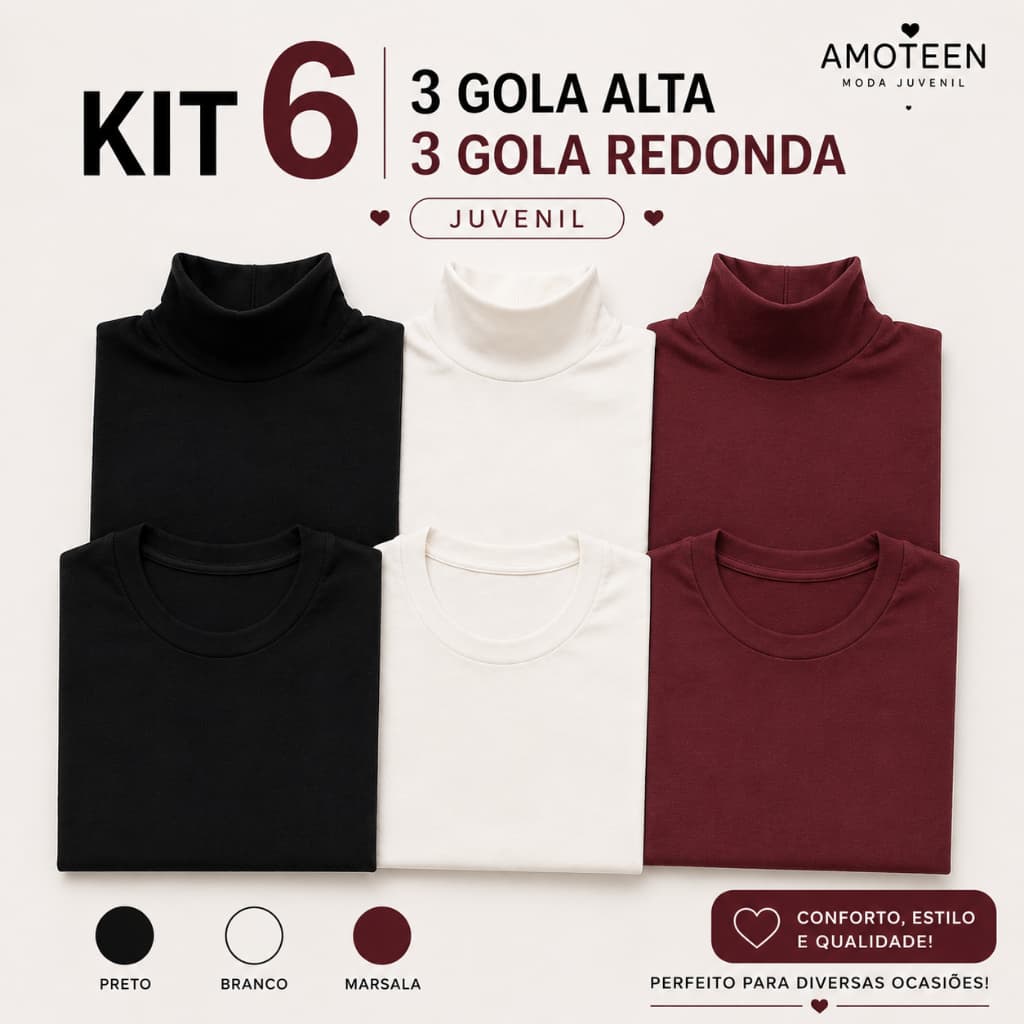 Kit 6 Blusas Juvenil 3 Gola Alta 3 Gola Redonda Volta Aulas Viscolaycra.