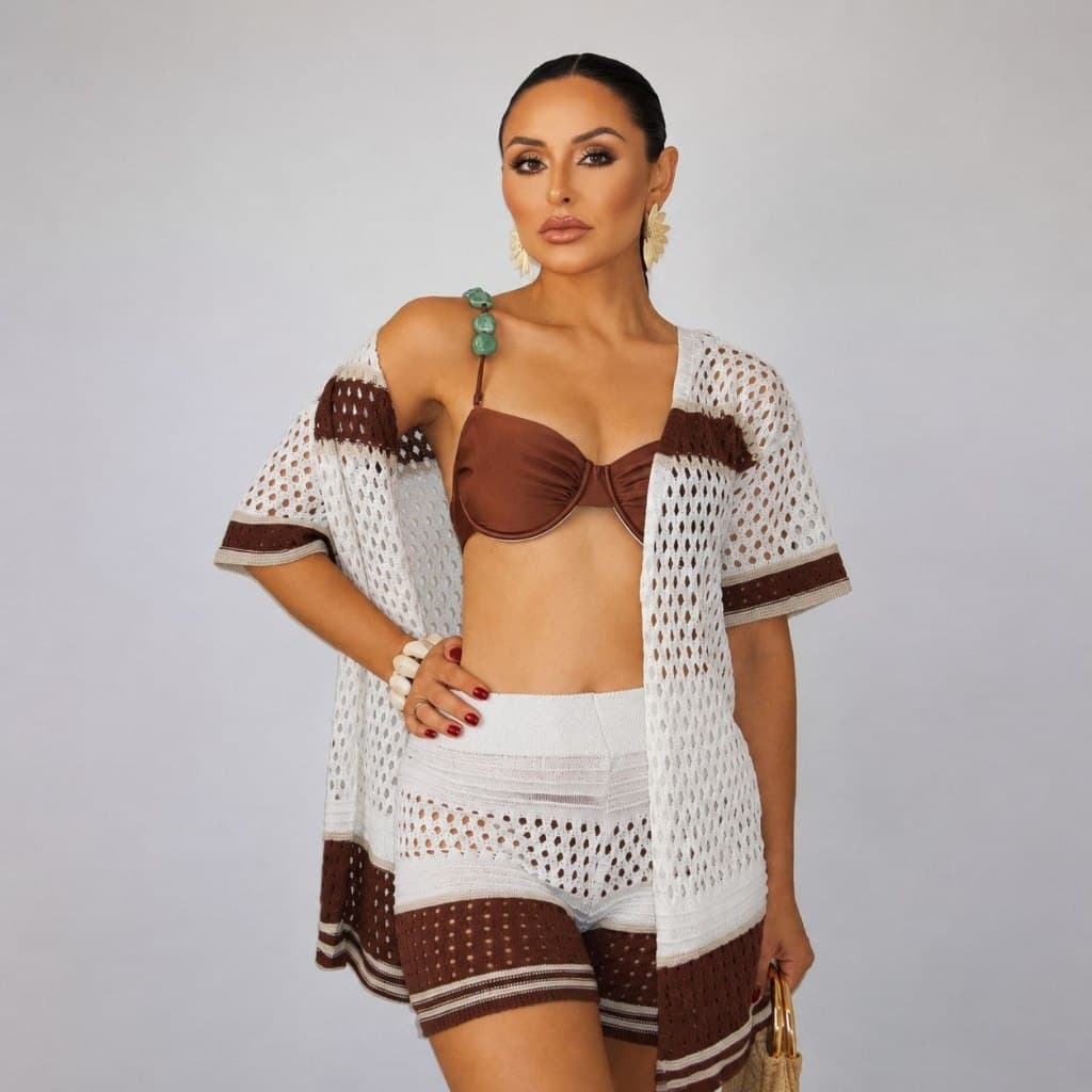 Conjunto Saída de Praia  Listrado Feminino de Tricô Kimono e Short de Verão