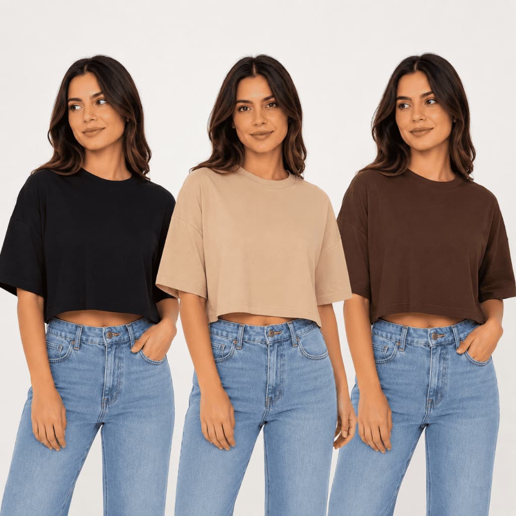 Kit 3 Cropped Oversized Feminino Básica Manga Larga
