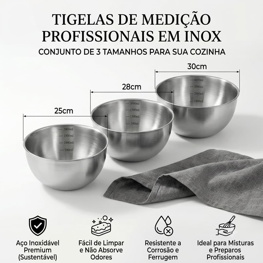 Conjunto de 3 Tigelas Bowl Bacia Redonda Multiuso Profissionais em Inox