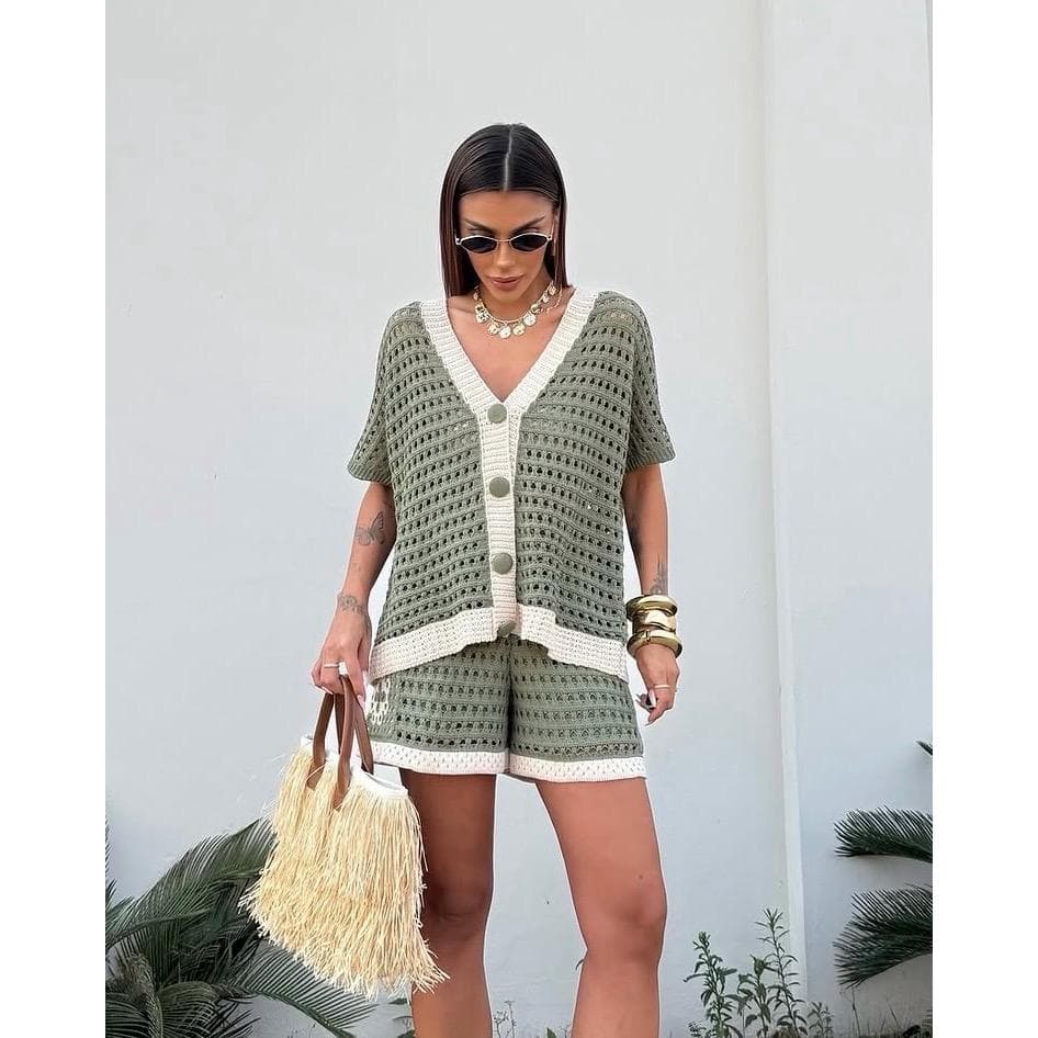 Conjunto Tricot Feminino Crochê Rendado Camisa Verão Max Colete Short Forrado Flor Elegante Casual Confortável Tendência