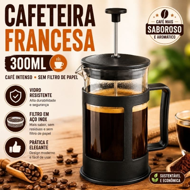 Cafeteira Francesa 300ml Prensa Francesa Vidro Resistente Café Fresquinho & Puro Gourmet Premium Preta