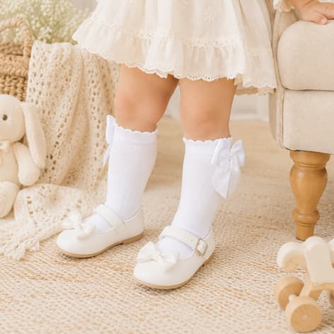 Meia Infantil Menina Kids Com Laço 3/4 Até o Joelho Branca Para Festas Formatura e Batizado