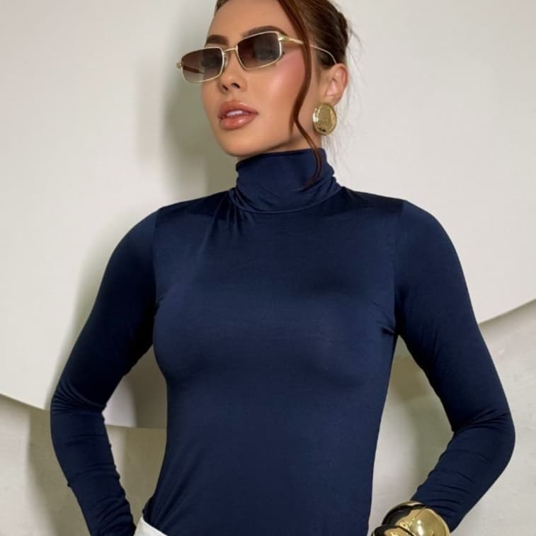 Blusa Feminina Cacharrel Manga Longa Gola Alta Suplex Poliamida Inverno Moda Básica Casual Trabalho
