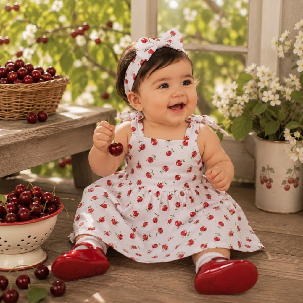 Vestido infantil  DUDA cereja  com Tiara/Turbante/Faixinha/Menina /Cerejinha /Verão/Natal