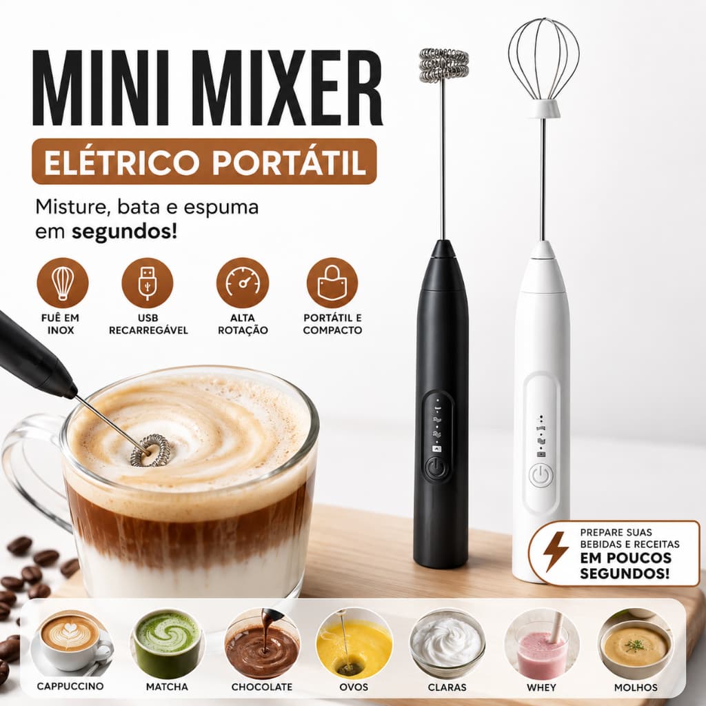Mini Mixer Elétrico Portátil Espumador de Leite Batedor para Café Cappuccino Ovos Clara Whey Shake com Fuê Inox USB