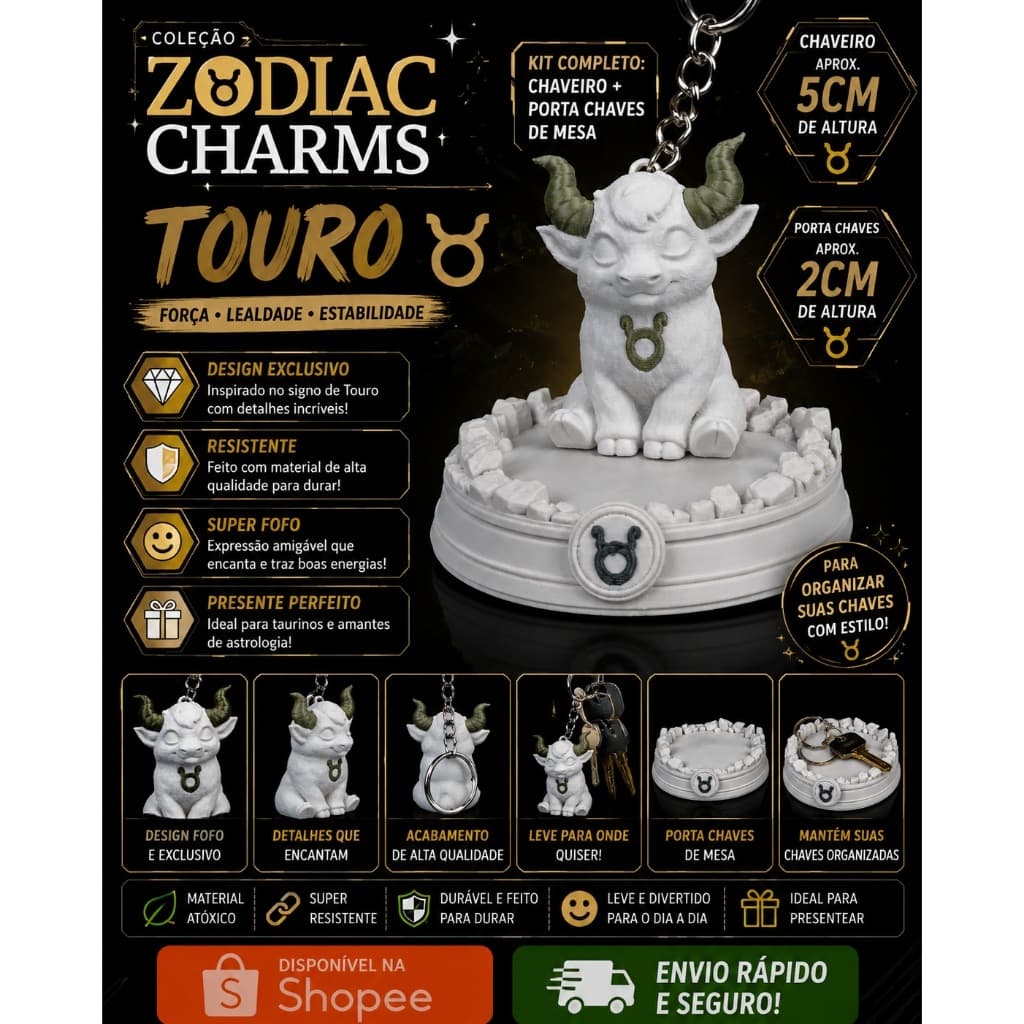 ♉ Kit Zodiac Charms – Touro | Chaveiro + Porta-Chaves de Mesa | Impressão 3D em PLA