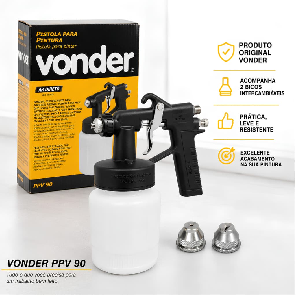 Pistola de Pintura Vonder PPV 90 Ar Direto Caneca 600ml Sucção 2 Bicos Reto Leque Verniz Esmalte