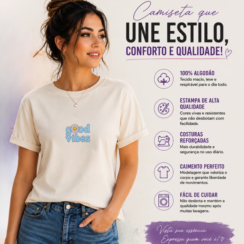 Camiseta Feminina 100% Algodão Estampa Good Vibes Estiloso Envio Ja