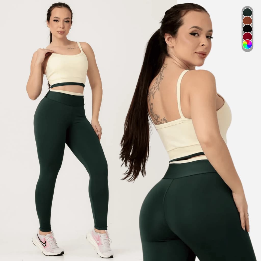 Conjunto Fitness Bicolor Feminino Zero Transparência Top e Calça Legging Roupa de Academia