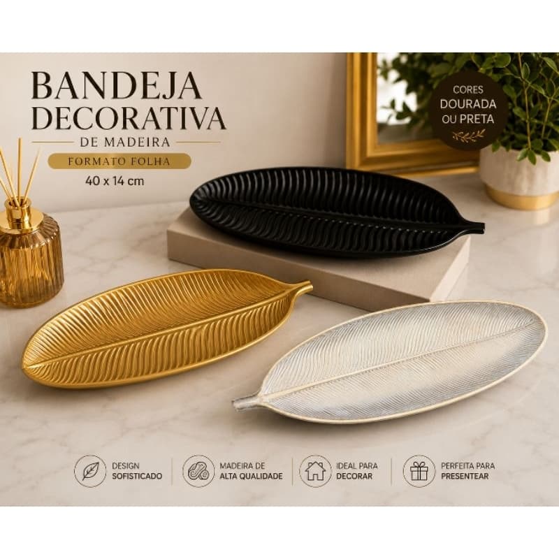 Bandeja Decorativa de Madeira Formato Folha 40x14cm – Dourada ou Preta | Elegância para Sala, Mesa, Aparador e Decoração