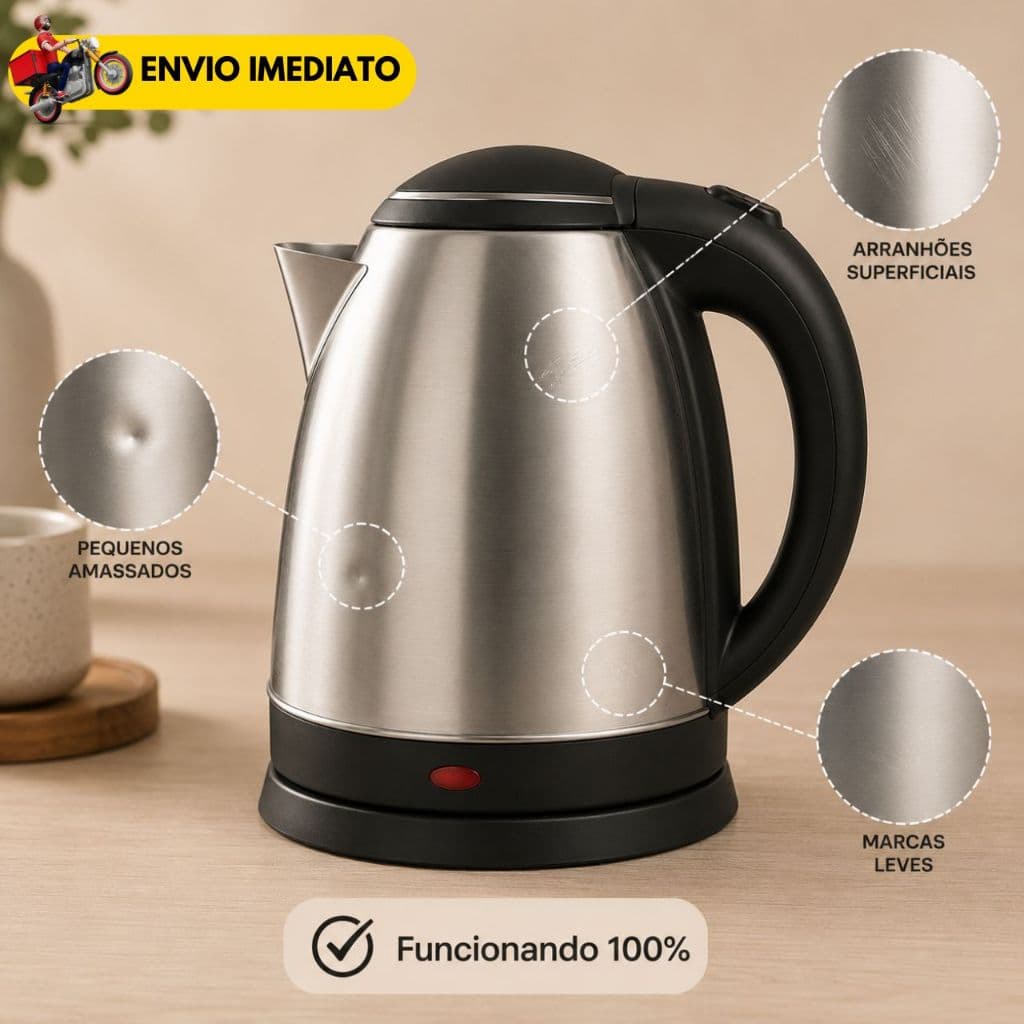 Chaleira Elétrica Inox 1,8L 110V ou 220V Outlet com Pequenos Detalhes Estéticos Preço Promocional Pequenos Defeitos