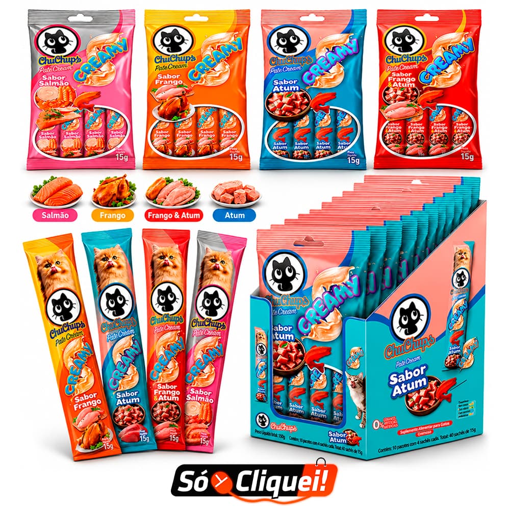 Kit 4 Pacotes Sachê ChuChups Churu Creamy 15g Petisco Patê Snack Líquido Para Gato Sabor Salmão Atum e Frango