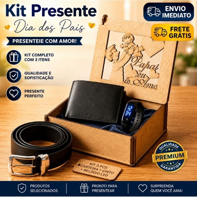 Kit Completo: Carteira porta cartão Masculino+Cinto+Relógio Digital LED Slim+Caixa MDF 10×10×5 Cm Lembrança Dia dos Pais