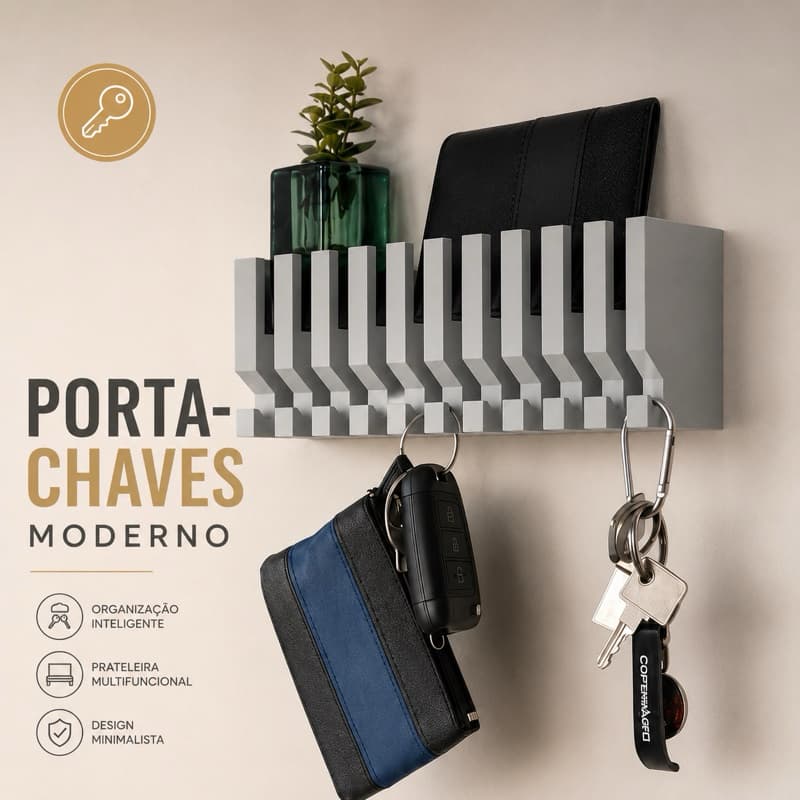 Porta Chaves de Parede com Prateleira Organizador Decorativo Minimalista Moderno
