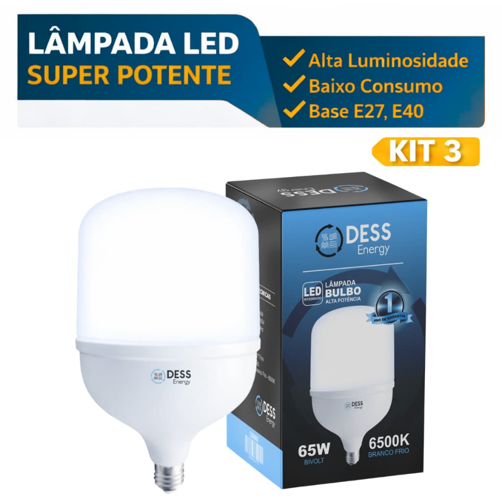 Kit 3 Lâmpadas Super Bulbo 65W/80W/100W/150W Alta Potência Luz 6500k Boca E27
