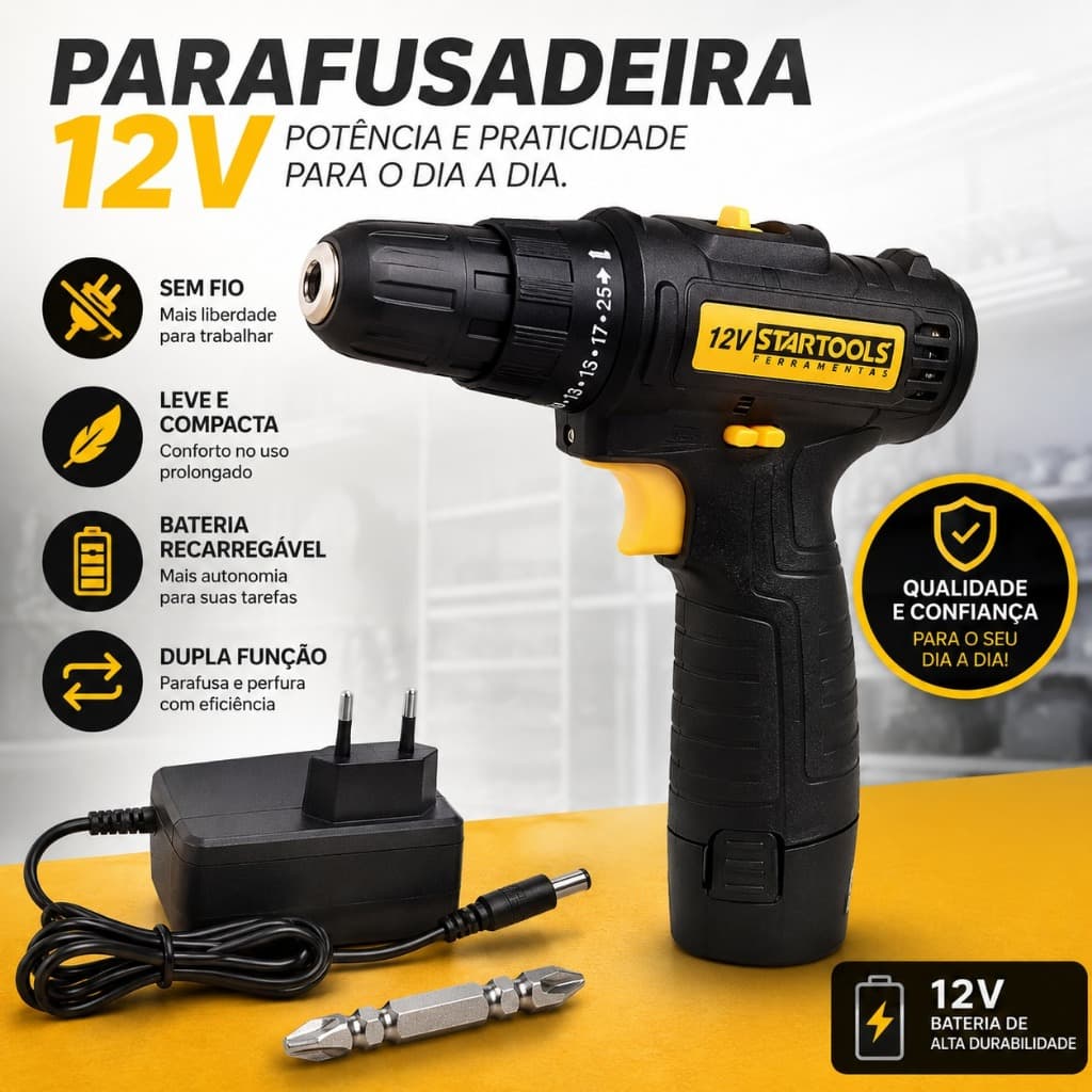 Kit Parafusadeira Furadeira Bateria 12v Portatil Recarregavel Compacta