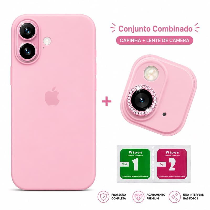 Kit Premium iPhone Capinha Silicone Aveludada + Protetor de Lente Diamante + Kit Limpeza Completo