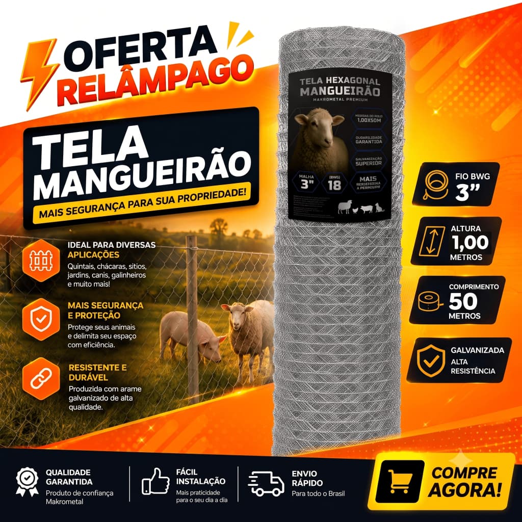 Tela Mangueirão 1,00x50m Fio 18 Galvanizada A Fogo Cerca Cachorro Horta Cerca Premium Força Extrema