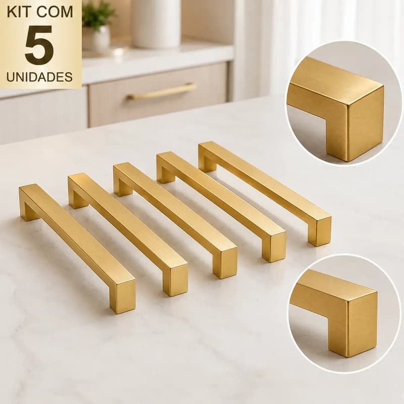 Kit 5 Puxadores Rezzo Il811 Inox Dourado Matte 128mm Para Moveis Cozinha Armario Porta Gaveta