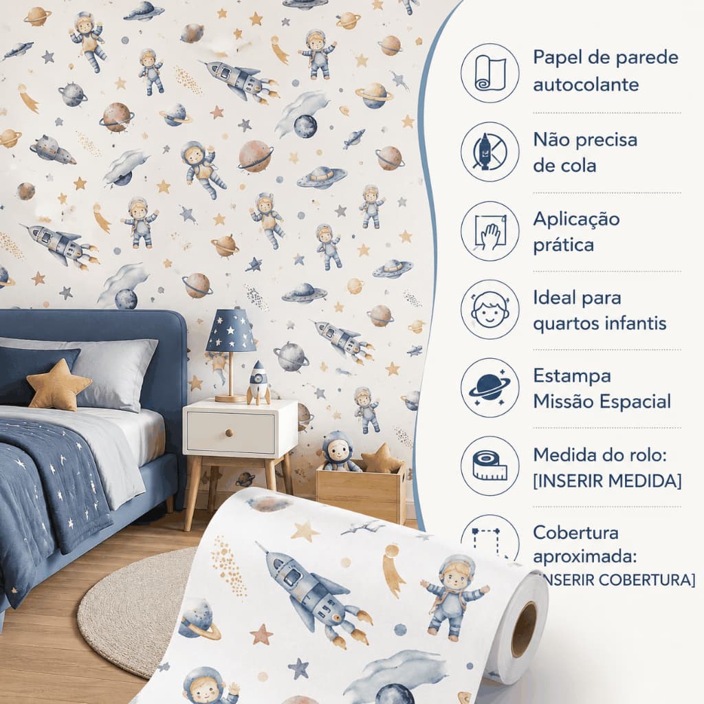 Papel de parede Adesivo Quarto Infantil - Menino e menina Espacial- Autocolante Facil de Aplicar